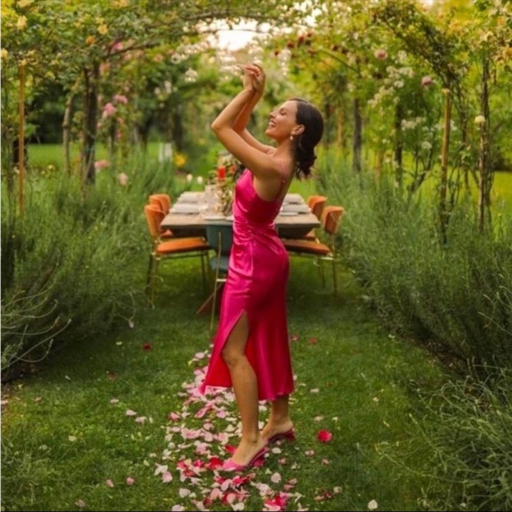 Zara hot pink satin midi dress fuchsia magenta berry silky faux wrap knee slit - Picture 2 of 14